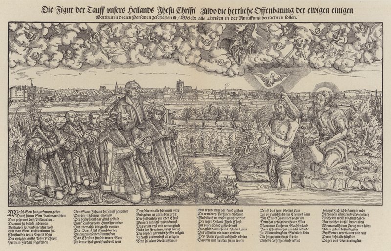 Fryderyk III, elektor Saksonii i Marcin Luter świadkami chrztu Chrystusa (rycina;) autorstwa Lucas the Elder (after) Cranach