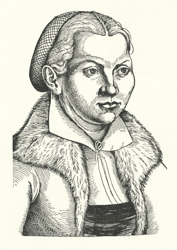Katharina von Bora, żona niemieckiego reformatora protestanckiego Marcina Lutra (grafika) autorstwa Lucas the Elder (after) Cranach