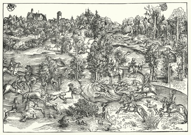Polowanie na jelenia (rycina) autorstwa Lucas the Elder (after) Cranach