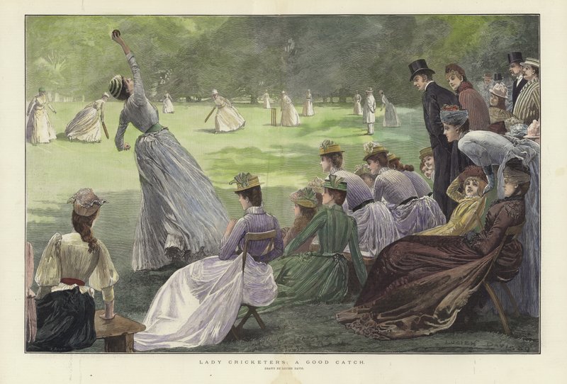 Lady Cricketers: dobry chwyt (kolorowy grawerunek) autorstwa Lucien Davis