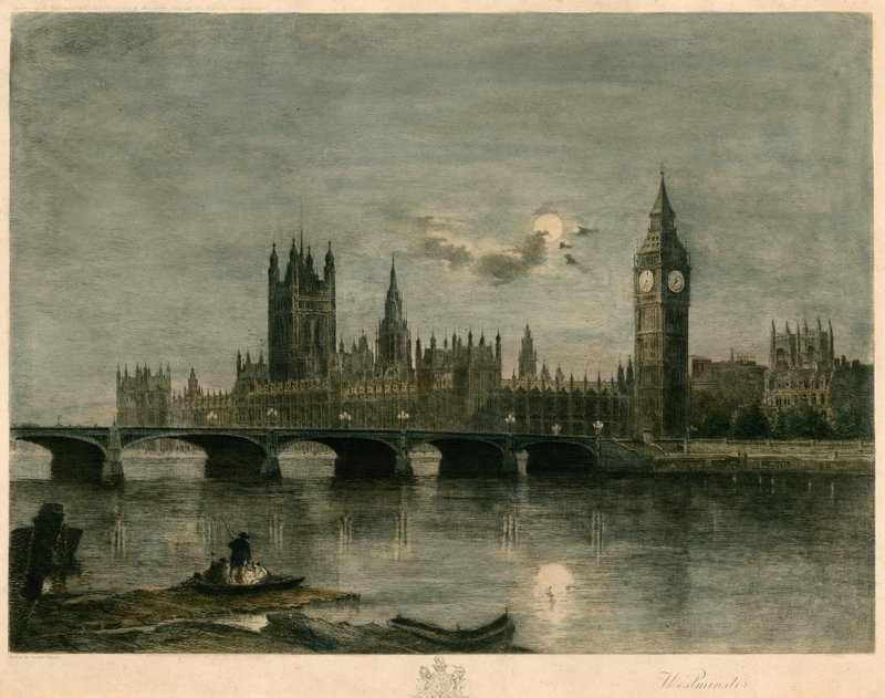 Westminster w nocy kolorowany grawerunek autorstwa Lucien Marcelin Gautier