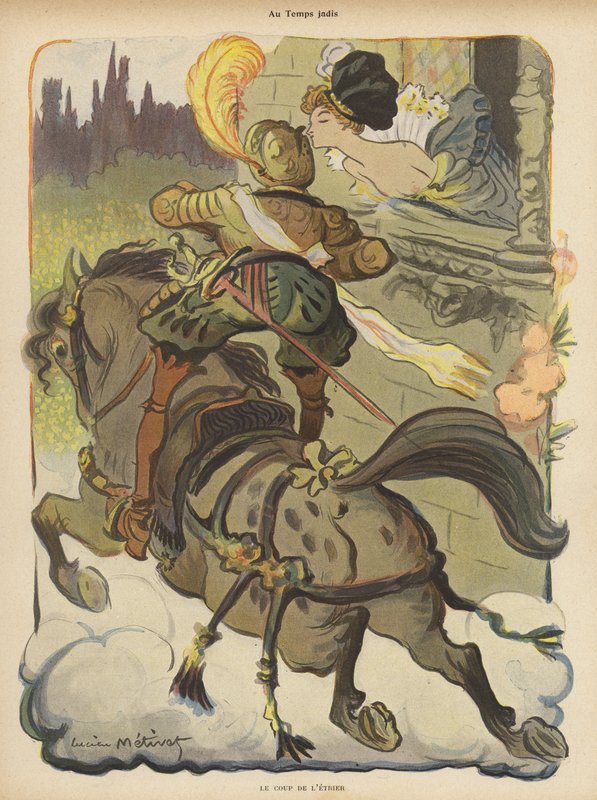 Jeździec wstaje w strzemionach, aby otrzymać pocałunek od kobiety, gdy przejeżdża obok niej autorstwa Lucien Metivet