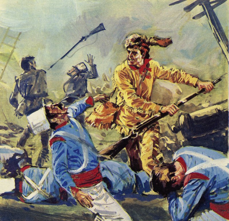 Davy Crockett ostatecznie padł ofiarą nieustannych meksykańskich ataków (kolorowa litografia) autorstwa Luis Arcas Brauner
