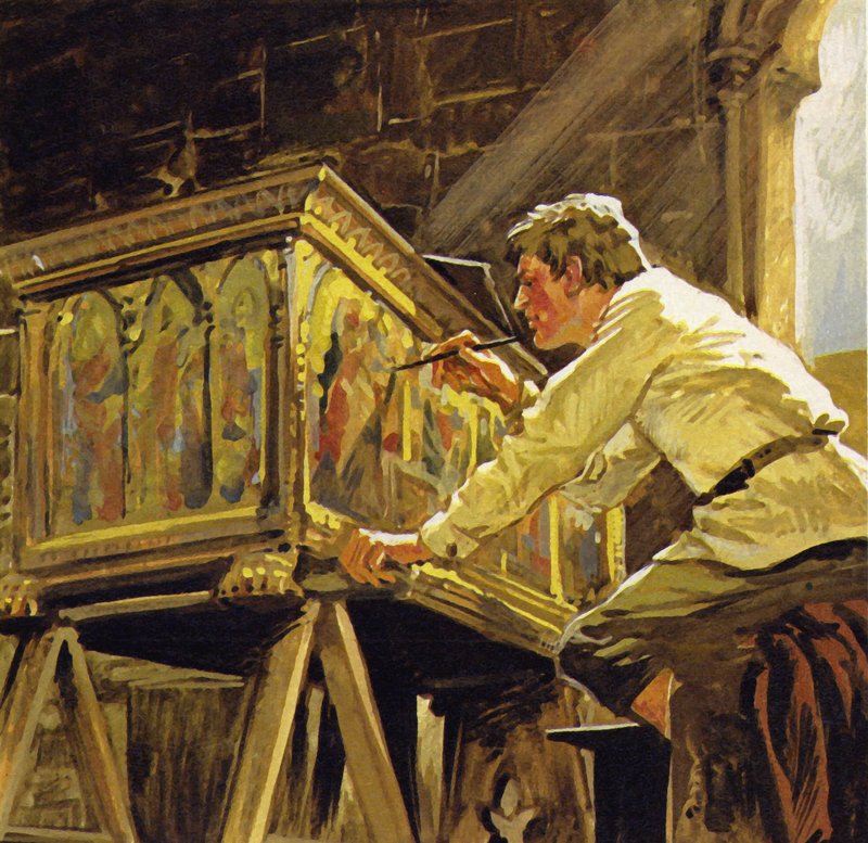 Duccio di Buoninsegna pracował w Sienie dekorując pudełka (kolorowa litografia) autorstwa Luis Arcas Brauner