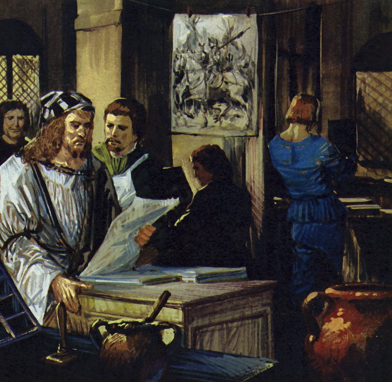 Durer udał się do Bazylei i został ksylografem (drzeworytnikiem) (litografia kolorowa). autorstwa Luis Arcas Brauner