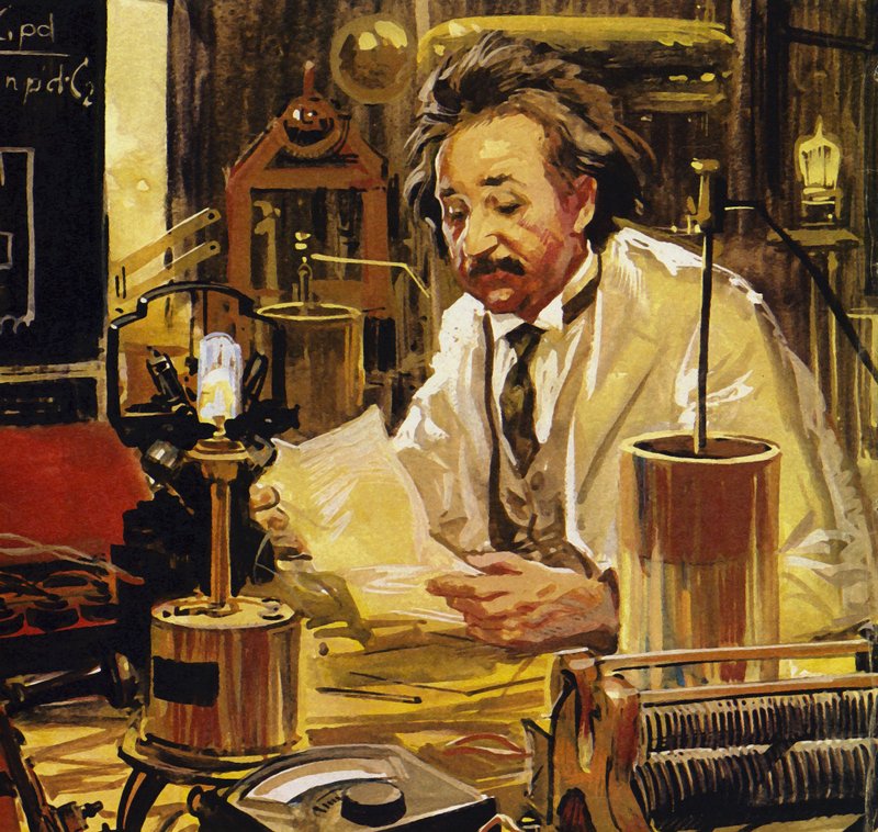 Einstein pracował na wielu uniwersytetach i politechnikach (litografia kolorowa) autorstwa Luis Arcas Brauner