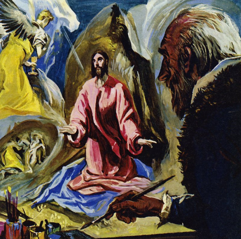 El Greco malował tematy religijne aż do śmierci w wieku 73 lat (litografia barwna). autorstwa Luis Arcas Brauner