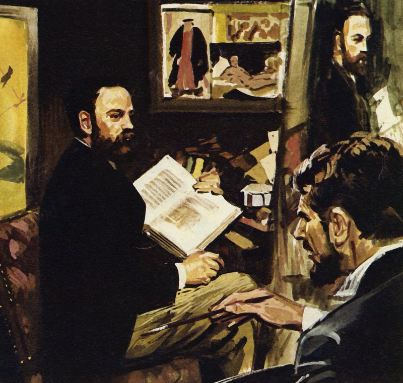 Emile Zola przewidział, że dzieło Maneta zawiśnie w Luwrze (kolorowa litografia) autorstwa Luis Arcas Brauner