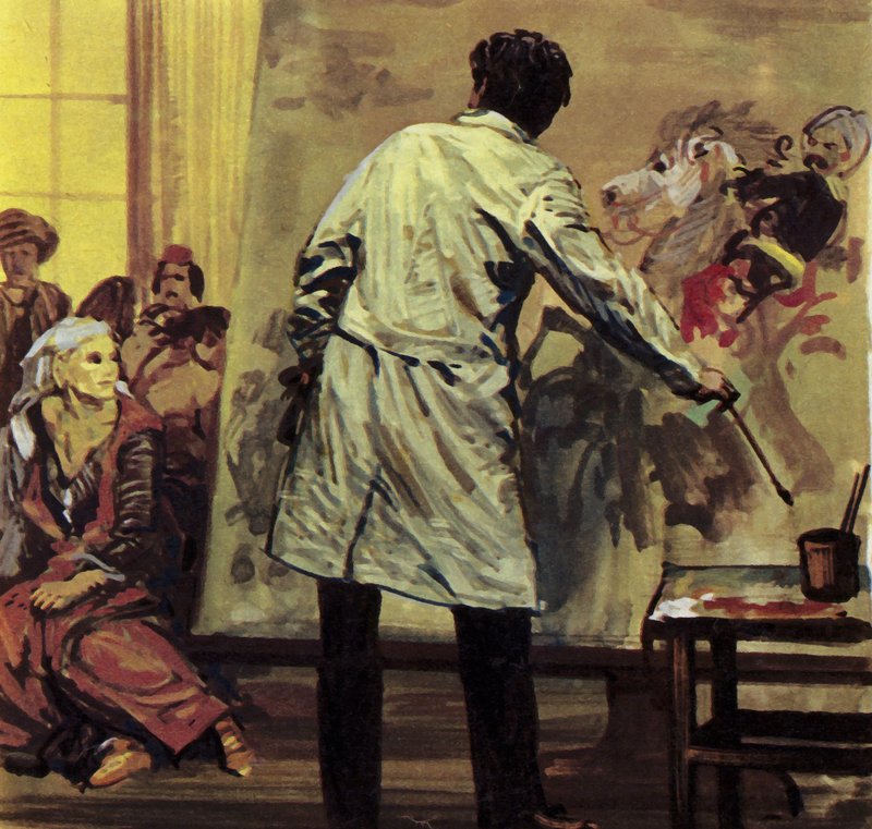 Eugene Delacroix spędził półtora roku malując "Masakrę w Scio" (kolorowa litografia). autorstwa Luis Arcas Brauner