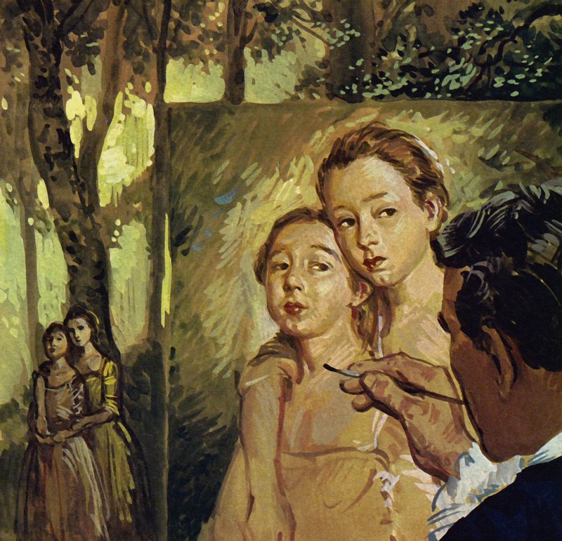 Gainsborough często malował portrety swoich dwóch córek (kolorowa litografia). autorstwa Luis Arcas Brauner