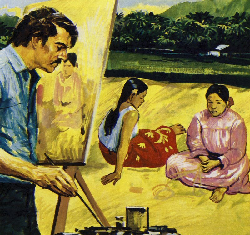 Gauguin namalował tubylcze dziewczęta na Tahiti (kolorowa litografia) autorstwa Luis Arcas Brauner
