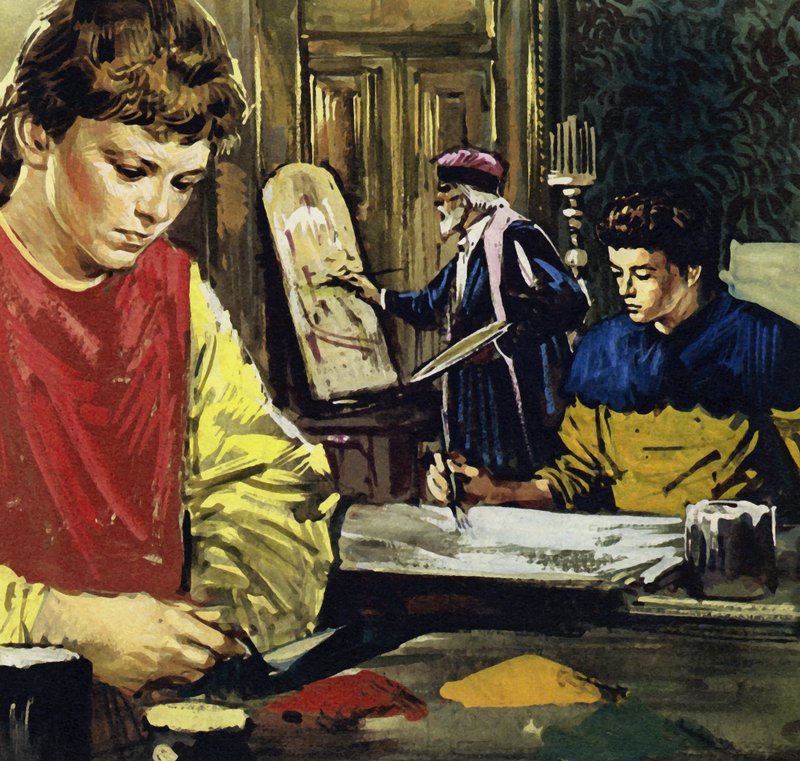 Jan i jego brat Herbert Van Eyck rozpoczęli życie jako praktykanci u lokalnego malarza (litografia kolorowa). autorstwa Luis Arcas Brauner