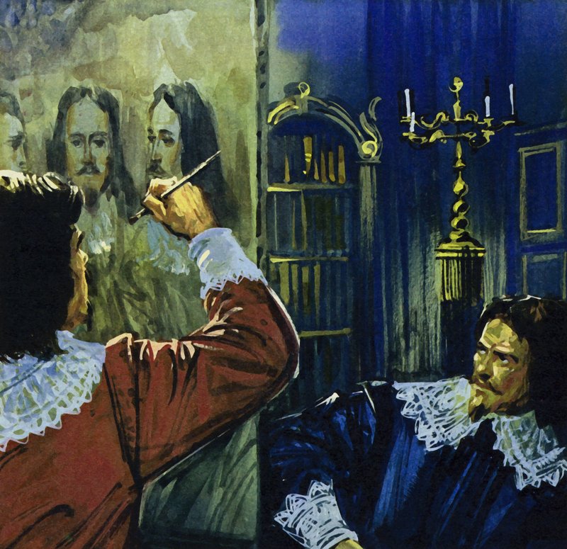 Król Karol I zaprosił Van Dycka do Anglii, aby namalował jego portret (kolorowa litografia). autorstwa Luis Arcas Brauner