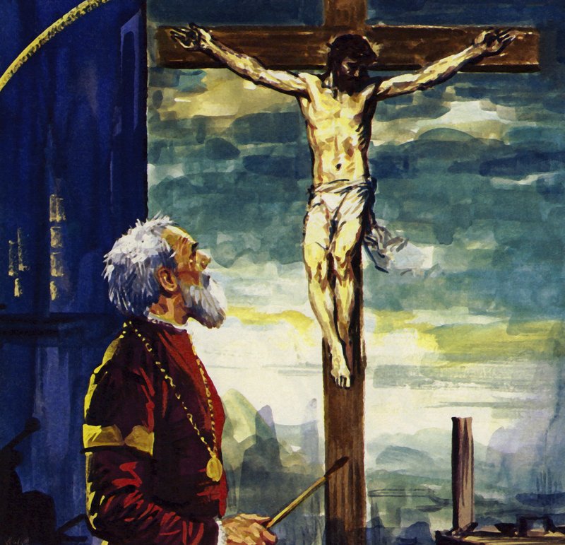 Tycjan namalował wiele obrazów dla króla Hiszpanii Filipa II, w tym słynne Ukrzyżowanie (kolorowa litografia). autorstwa Luis Arcas Brauner