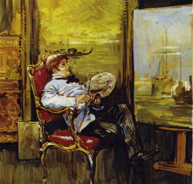 Turner siedzący przed jednym ze swoich obrazów (kolorowa litografia) autorstwa Luis Arcas Brauner