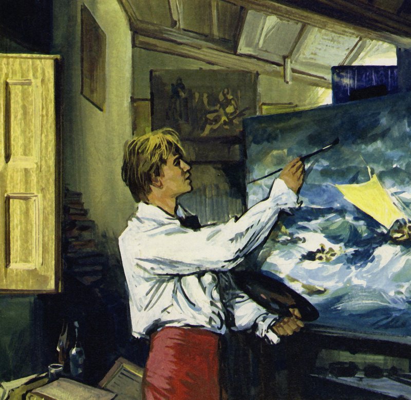 Turner przekształcił szkice ze swoich podróży po Walii i wyspie Wight w wielkie obrazy (kolorowe litografie). autorstwa Luis Arcas Brauner