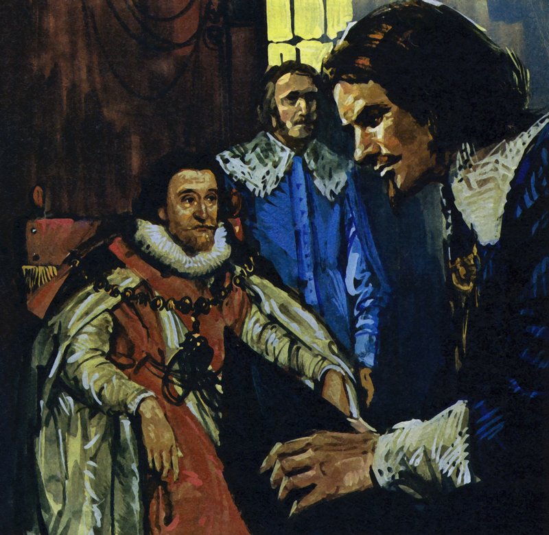 Van Dyck zwrócił na siebie uwagę hrabiego Arundel, który przedstawił go królowi Jakubowi I (kolorowa litografia). autorstwa Luis Arcas Brauner
