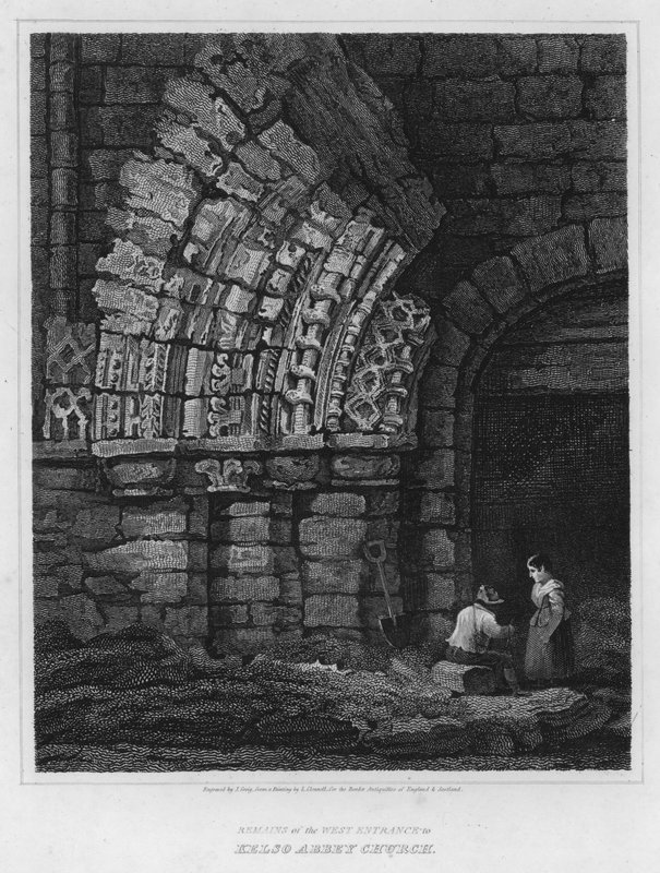 Pozostałości zachodniego wejścia do kościoła Kelso Abbey (rycina) autorstwa Luke (after) Clennell