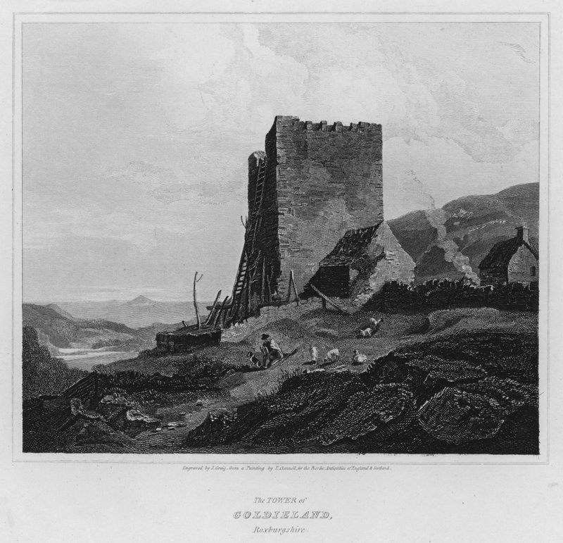 Wieża Goldieland, Roxburgshire (grawerowanie) autorstwa Luke (after) Clennell