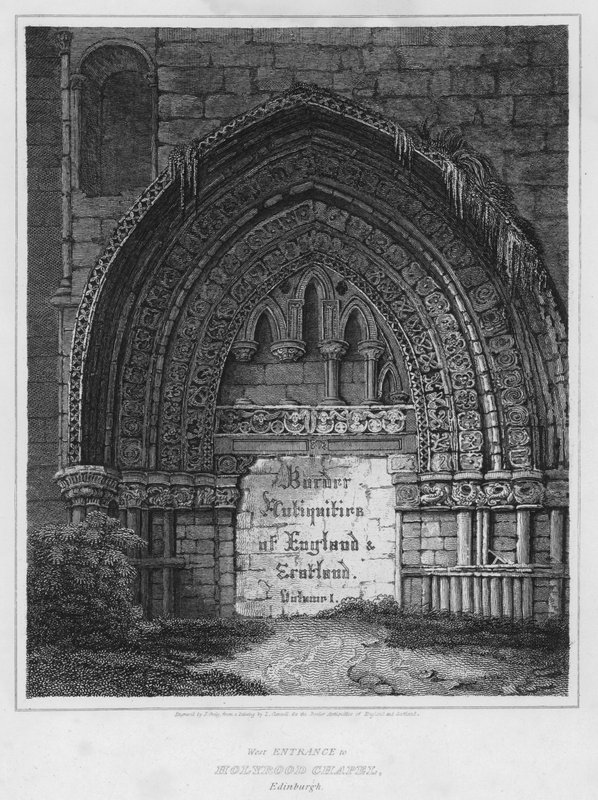 Wejście zachodnie do kaplicy Holyrood w Edynburgu (grawerowanie) autorstwa Luke (after) Clennell