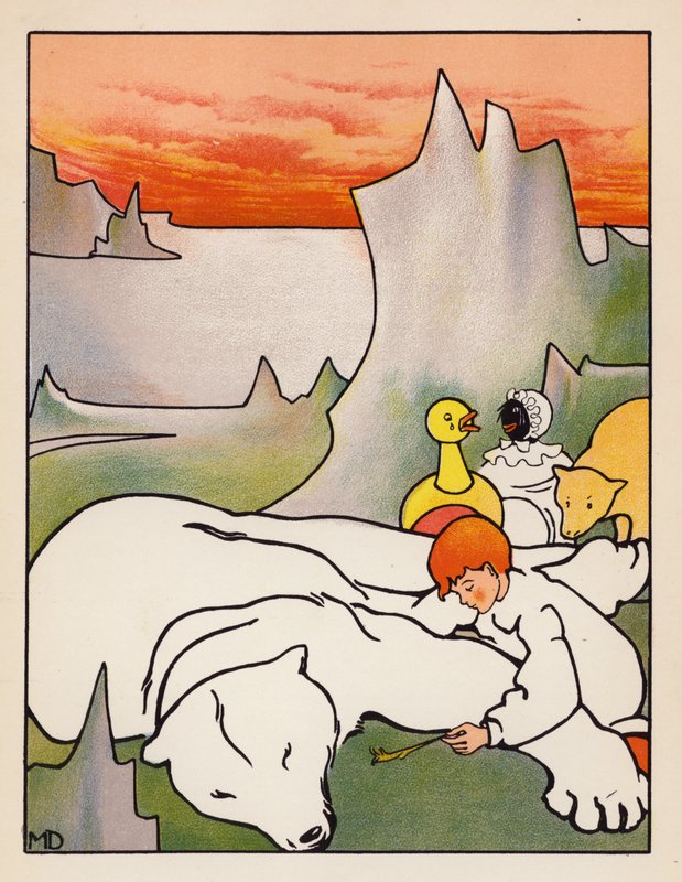 "Spalone pióra pod jego nosem" (kolorowa litografia) autorstwa Mabel Dearmer