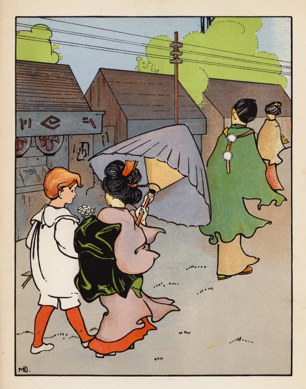 "Chodź ze mną, a dostaniesz trochę ryżu i sake" (kolorowa litografia) autorstwa Mabel Dearmer