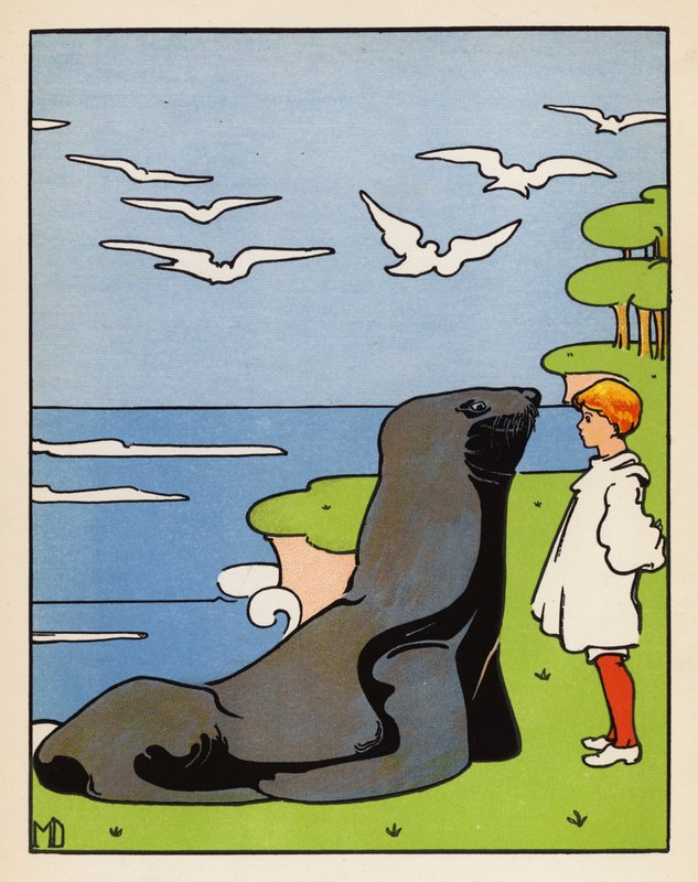 "Ładny, biedny lew morski!" powiedział" (kolorowa litografia) autorstwa Mabel Dearmer