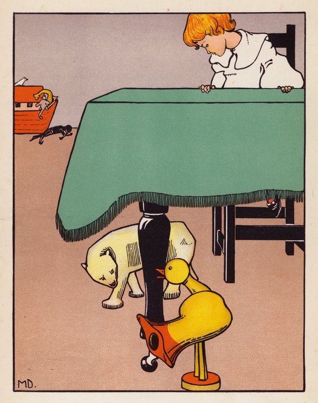 "Zaokrąglij nogi stołu" (kolorowa litografia) autorstwa Mabel Dearmer