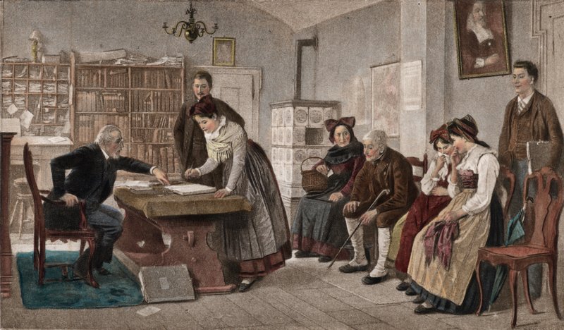 Podpisanie umowy małżeńskiej (fotograwiura kolorowa) autorstwa Marc Louis Benjamin Vautier