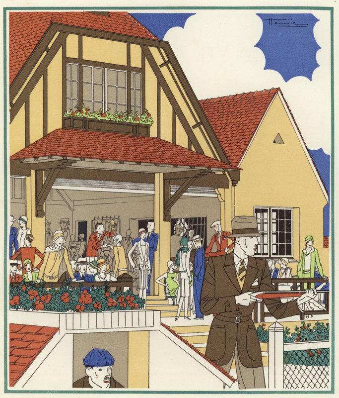 Klub strzelecki gołębi w Le Touquet (kolorowa litografia) autorstwa Marcel Jacques Hemjik