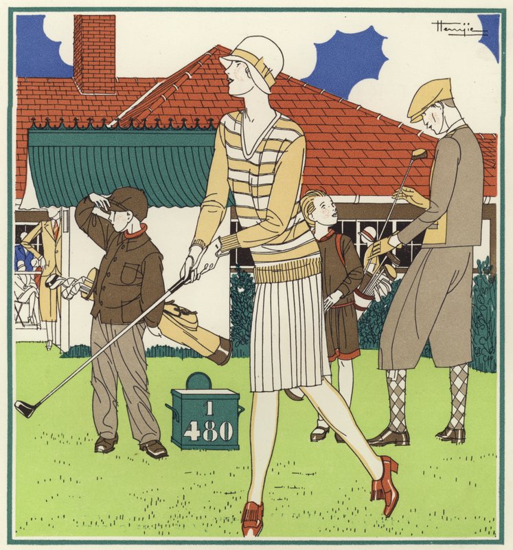 Pierwszy tee, naprzeciwko domu klubowego w Le Touquet (kolorowa litografia) autorstwa Marcel Jacques Hemjik