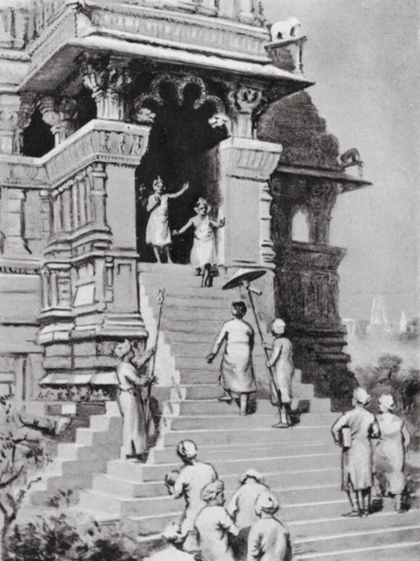 Kirtivarman Chandella odwiedza swoją świątynię w Khajurahu, AD 1065 (litografia) autorstwa Margaret (after) Dovaston
