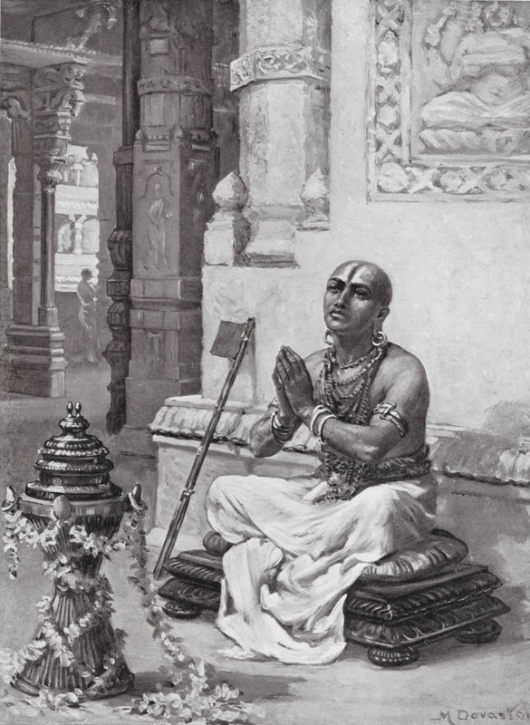 Ramanuja kontemplujący swoją Filozofię Jednego Osobowego Boga, AD 1100 (litografia) autorstwa Margaret (after) Dovaston