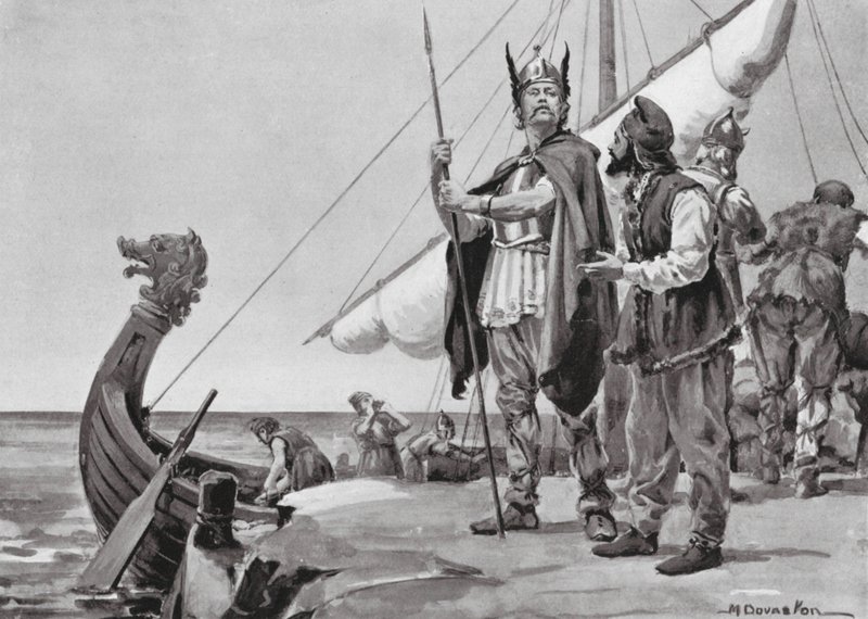 Ruryk wyrusza do kraju Słowian, AD 862 (litografia) autorstwa Margaret (after) Dovaston