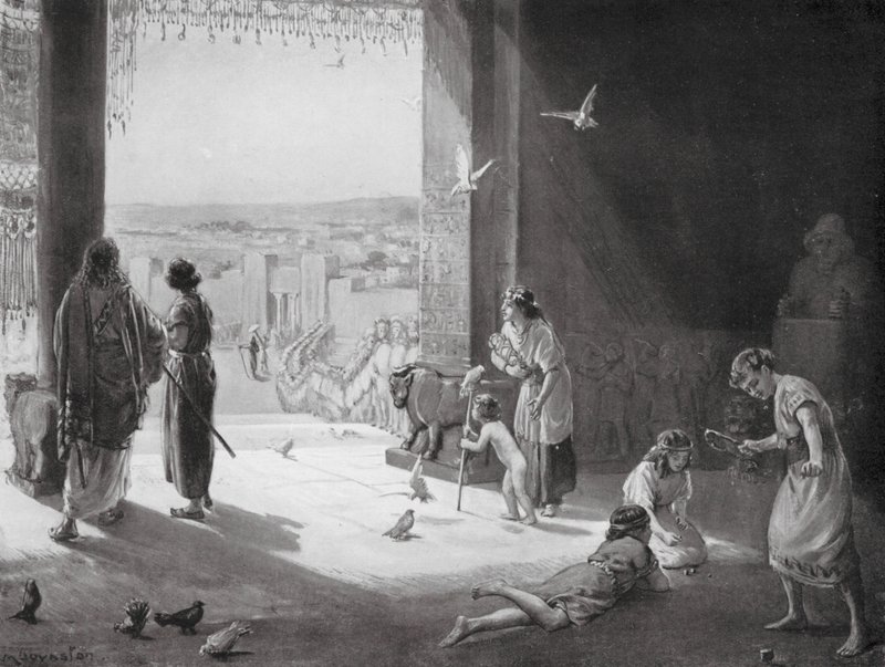 Sangar z Carchemish przyjmujący Ashur-nasir-pal III (litografia) autorstwa Margaret (after) Dovaston