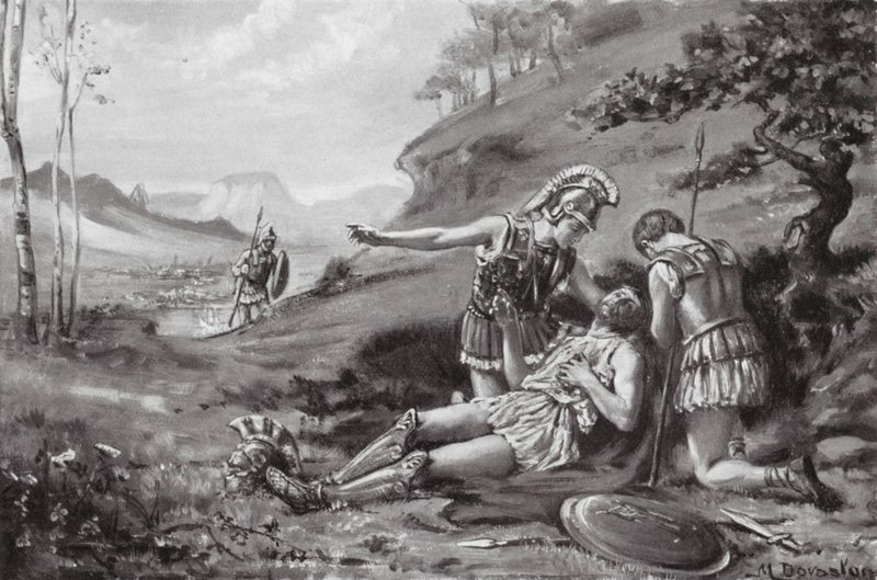 Śmierć Epameinondasa, BC 362 (litografia) autorstwa Margaret (after) Dovaston