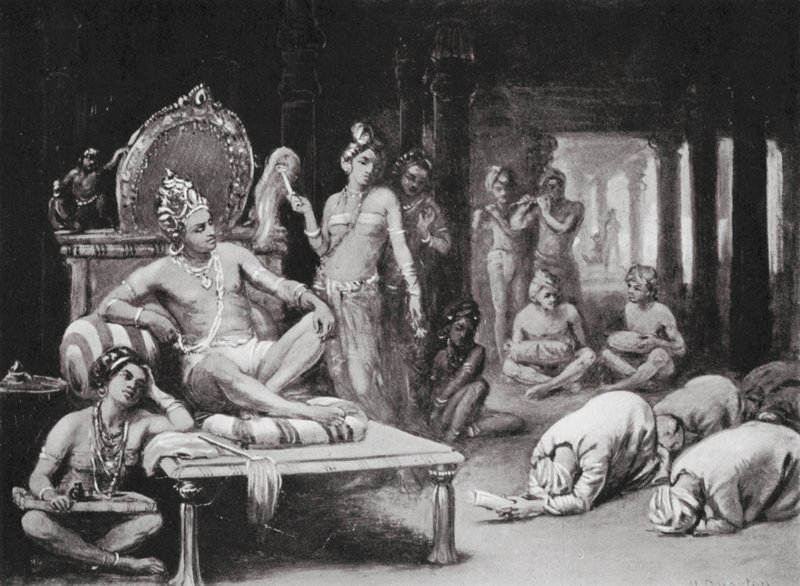 Vikramanka Chalukhya wysyła przyjazny list do Kulottunga Chola (litografia) autorstwa Margaret (after) Dovaston