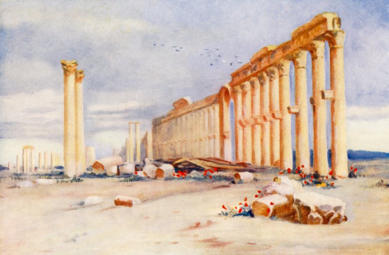 Kolumnada, Palmyra, z tureckim zamkiem w oddali (kolorowa litografia) autorstwa Margaret Thomas