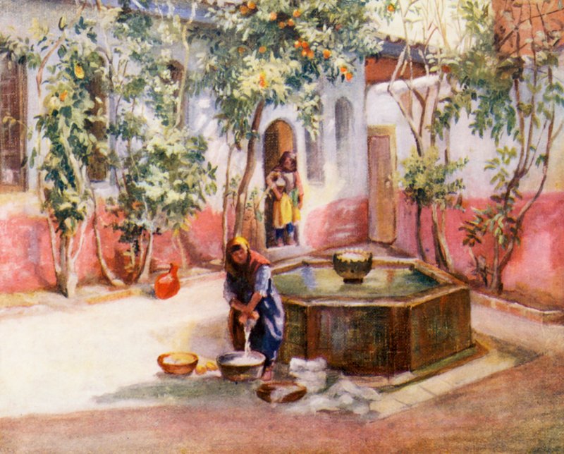 Dziedziniec domu damasceńskiego (kolorowa litografia) autorstwa Margaret Thomas