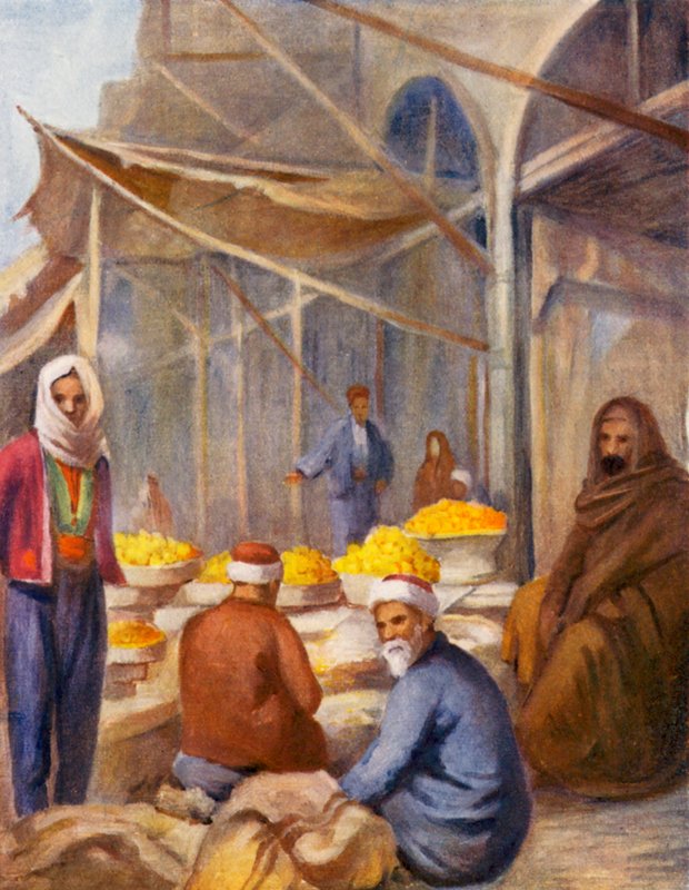 Na bazarze owocowym w Damaszku (kolorowa litografia) autorstwa Margaret Thomas