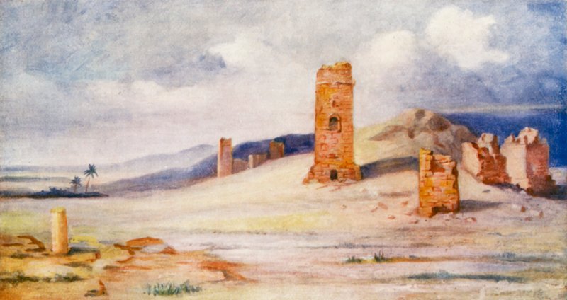 Wieże grobowe, Palmyra (kolorowa litografia) autorstwa Margaret Thomas