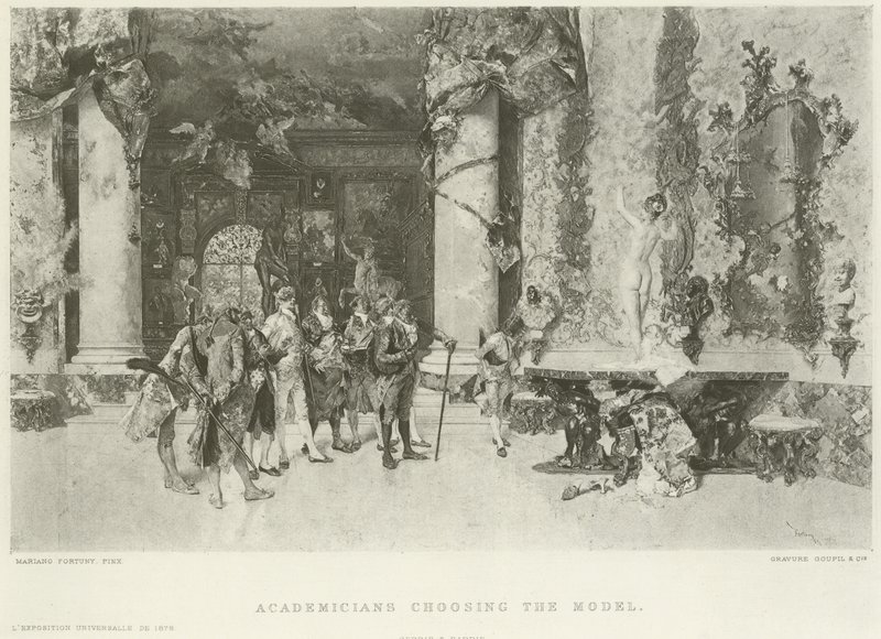 Akademicy wybierający model (grawiura) autorstwa Mariano José María Bernardo Fortuny y Carbó