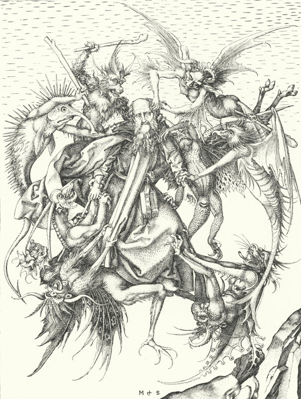 Kuszenie św. Antoniego (rycina) autorstwa Martin (after) Schongauer