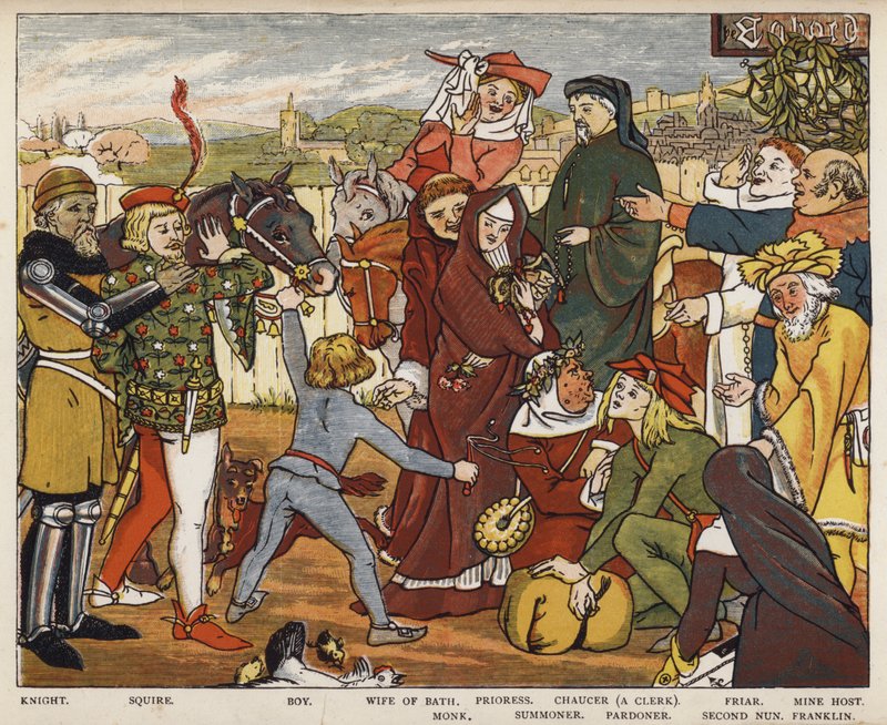 Geoffrey Chaucer, The Canterbury Tales, The Pilgrims opuszczający The Tabard Inn (kolor lito) autorstwa Mary Eliza Haweis