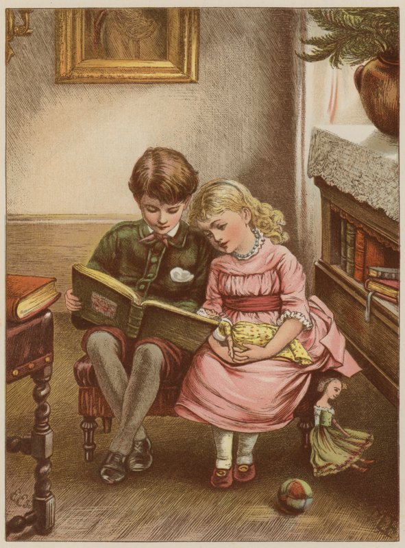Chłopiec i dziewczynka czyta książkę (chromolitho) autorstwa Mary Ellen Edwards