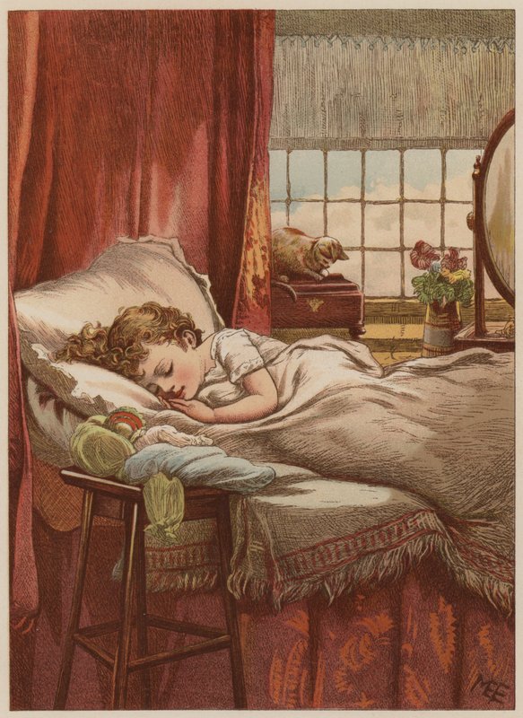 Dziecko śpiące w łóżku (chromolitho) autorstwa Mary Ellen Edwards