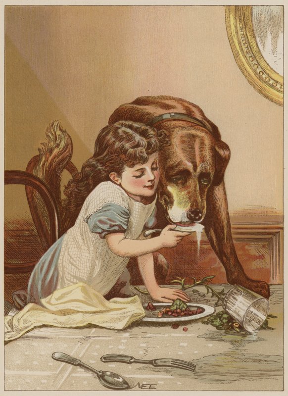 Dziewczynka karmiąca psa (chromolitho) autorstwa Mary Ellen Edwards
