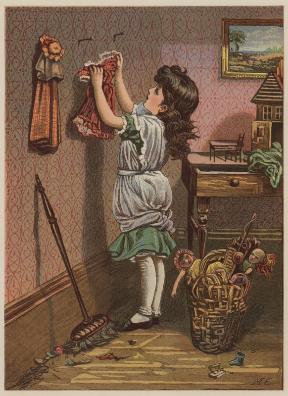 Dziewczyna wiesza ubrania dla lalek (chromolitho) autorstwa Mary Ellen Edwards