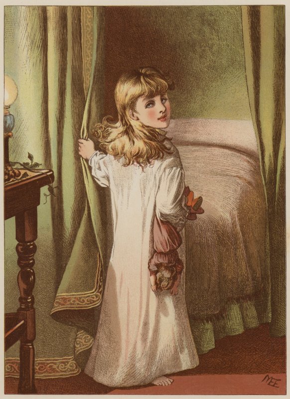 Dziewczyna kładzie się do łóżka (chromolitho) autorstwa Mary Ellen Edwards