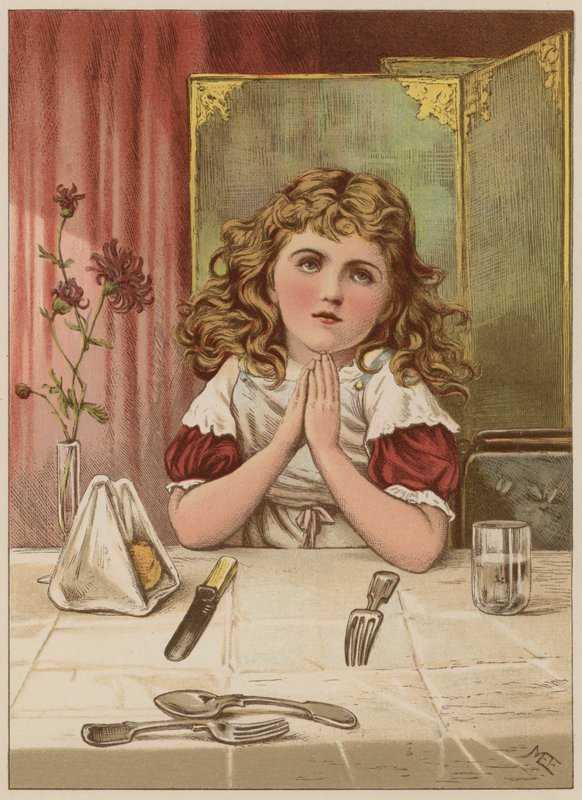 Dziewczyna odmawiająca łaskę przed posiłkiem (chromolitho) autorstwa Mary Ellen Edwards